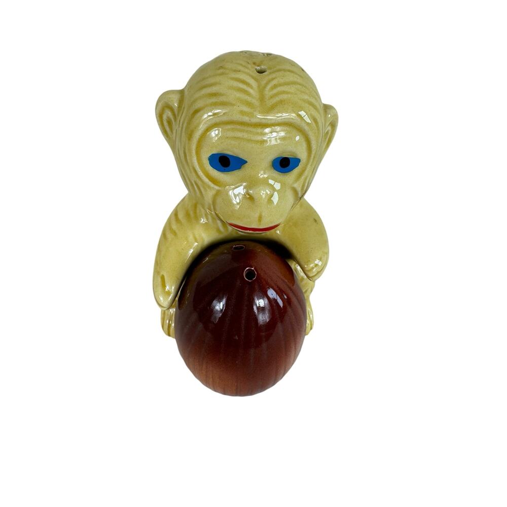 Monkey & Coconut Vintage Glazed Ceramic Salt & Pepper Shakers Original Box Japan